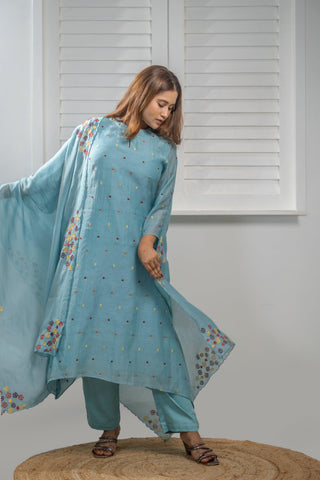 Asymetrical Embroidery | Kurta Dupatta with Malai Cotton Pants | Blue - You Ensembles