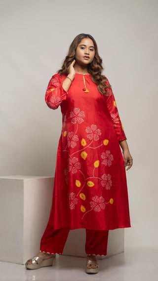 Bandhej Kurta Set Tomato Red - You Ensembles
