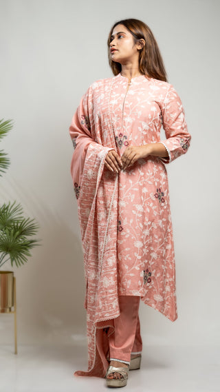 Onion pink cross-stitch kurta set with dupatta, cotton slub fabric, dori embroidery, and malai cotton pants.