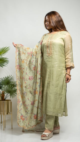 Tissue Chanderi Kurta Set in green with arri sequins, pearl embroidery, and printed dupatta.