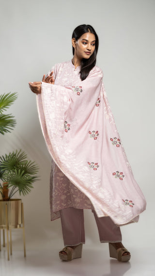 Mauve cotton slub cross-stitch kurta set with dori embroidery and dupatta.