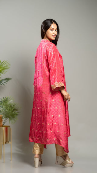 Pink Bamber Silk Bandhej Print Kurta with Arri Sequins and Pearl Embroidery.