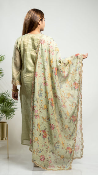 Green Tissue Chanderi Kurta Set with printed dupatta and embroidery detailing.