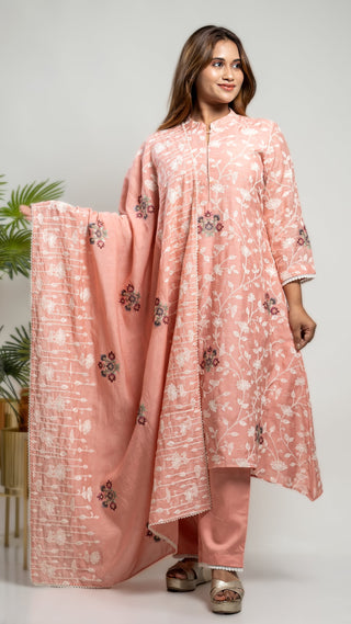 Onion pink cross-stitch kurta set with cotton slub embroidery and malai cotton pants.