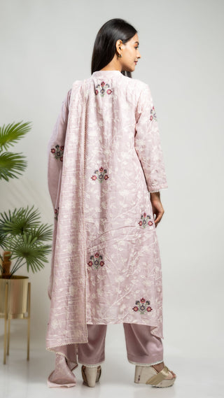 Mauve cotton slub cross-stitch kurta set with dori embroidery and Malai cotton pants.