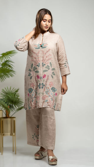 Brown linen co-ord with printed short kurta and pants.