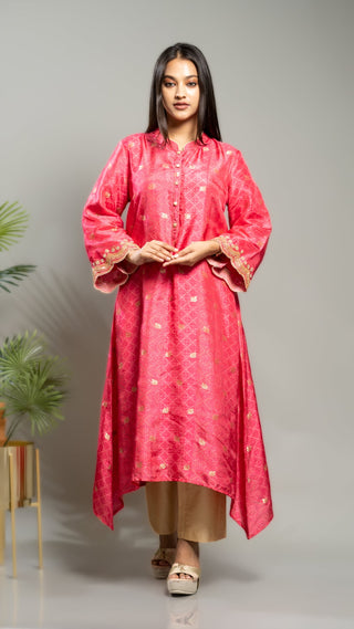 Pink Bandhej Print Kurta with sequins and pearl embroidery.