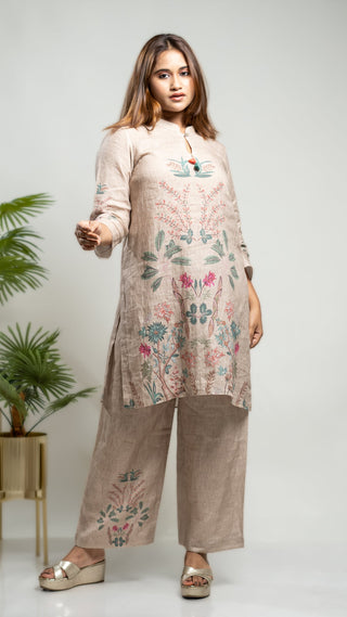 Brown linen printed kurta and pants co-ord set.