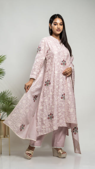 Mauve cross-stitch kurta set with embroidery and dupatta.