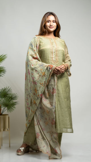 Tissue Chanderi Kurta Set in green with arri sequins and pearl embroidery, paired with a printed dupatta.