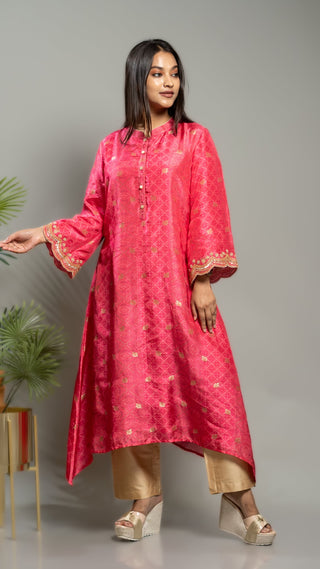 Pink Bandhej Print Kurta with arri sequins and pearl embroidery in Bamber silk.