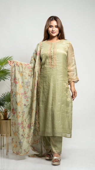 Tissue Chanderi Kurta Set in green with arri sequins and pearl embroidery, includes matching pants and printed dupatta.