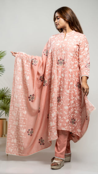 Onion pink cotton cross-stitch kurta set with dupatta and Malai cotton pants.