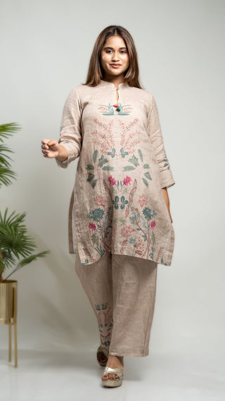 Brown linen printed short kurta with matching linen printed pants.