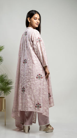 Mauve cross-stitch kurta set with dori embroidery and malai cotton pants.