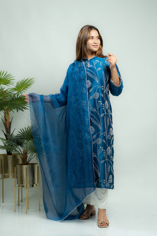 French Knot Kurta | Navy Blue | Kurta With Dupatta - You Ensembles