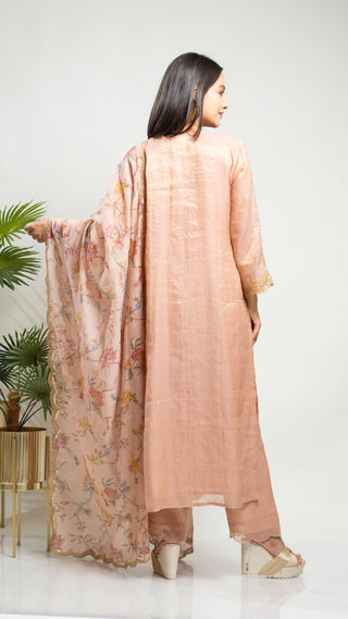 Onion pink Tissue Chanderi Kurta set with arri sequins and pearl embroidery, featuring a printed dupatta.