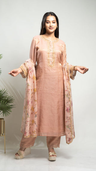 Onion pink Tissue Chanderi Kurta Set with arri sequins and pearl embroidery.