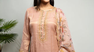 Onion pink Tissue Chanderi Kurta set with sequins and pearl embroidery.