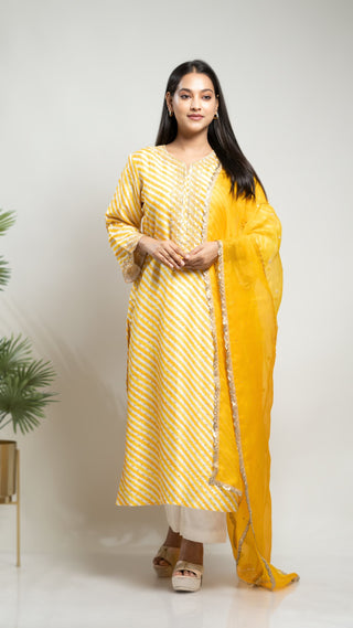 Yellow Leheriya Printed Kurta with gold weave and arri sequins, paired with 3 panelled kota silk dupatta.