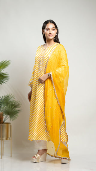 Yellow Leheriya Printed Kurta with gold weave, arri sequins, pearl embroidery, and kota silk dupatta.