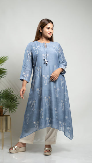 Ash blue muslin silk asymmetrical kurta with mokash highlights