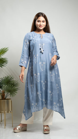 Ash Blue Muslin Silk Asymmetrical Kurta with Mokash Highlight