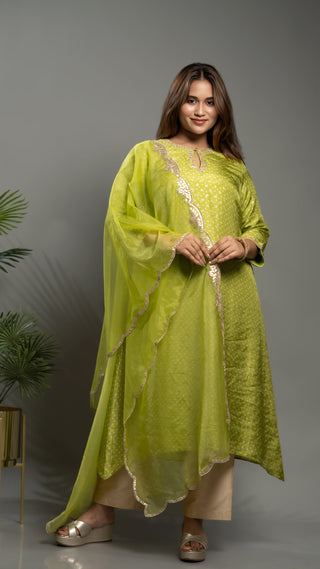 Parrot green Bandhej Print Kurta with Gota work and separate malai cotton pants.