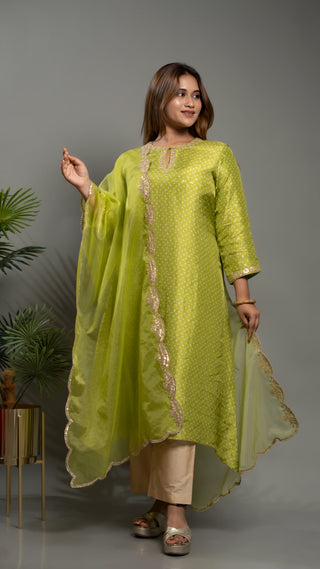 Bandhej Print Kurta Set | Parrot Green | Kurta With Pant sold separately - You Ensembles