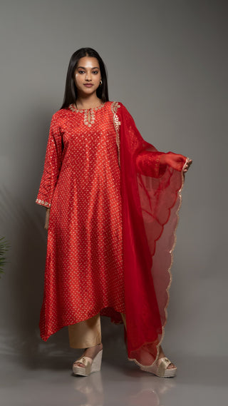 Red Bamber Silk Bandhej Print Kurta with Gota Work