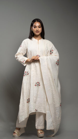 Cross-Stitch Kurta Set | Kurta Dupatta with Malai Cotton Pants - You Ensembles