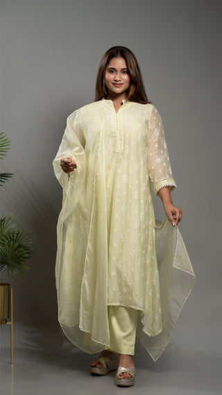 Powder green floral embroidery kurta set with organza dupatta and malai cotton pants.