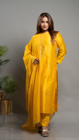 Canary yellow Mokash Kurta set with chanderi silk, malai cotton pants, and kota silk dupatta.