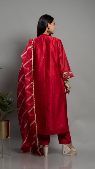 Gota Embroidery Kurta set in maroon with chanderi silk pant and malai cotton dupatta.