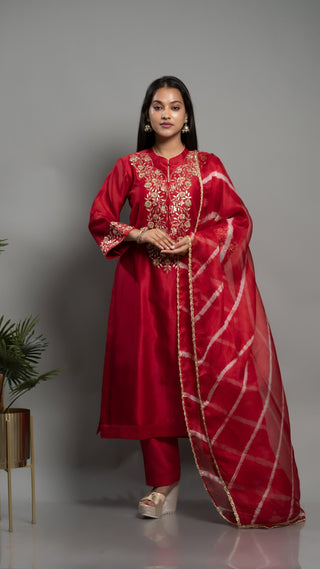 Maroon Gota Embroidery Kurta set with chanderi silk, malai cotton pant, and kota silk dupatta.