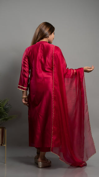 Maroon Chanderi Silk Tissue Aplique Kurta with Kota Silk Dupatta and Golden Scallops