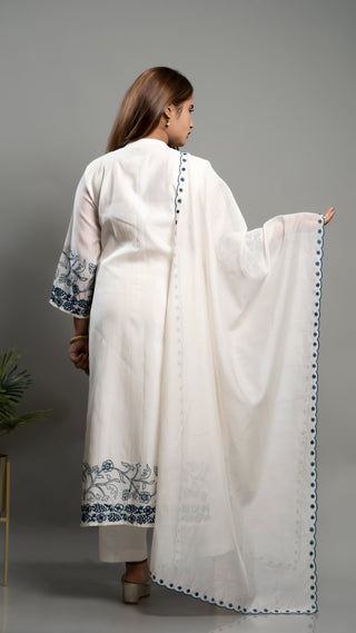 Off-white embroidered kurta set with blue machine embroidery and malai cotton pants.