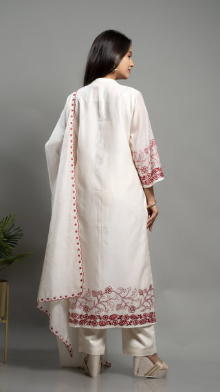 Off-white embroidered kurta set with dupatta and pants.