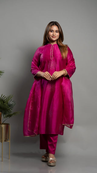 Mokash Kurta set | Kurta Dupatta with Malai Cotton Pants | Rani Pink - You Ensembles