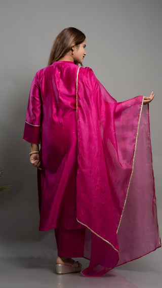 Rani Pink Mokash Kurta set with Chanderi silk, malai cotton pants, and Kota silk dupatta.