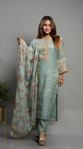 Blue Tissue Chanderi Kurta Set with arri sequins and pearl embroidery, includes printed dupatta.