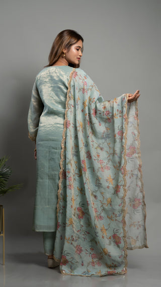 Blue Tissue Chanderi Kurta Set with Arri Sequins and Pearl Embroidery Dupatta