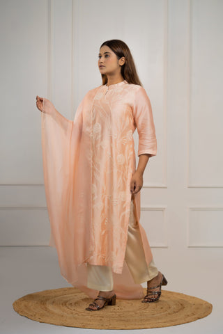 Powder pink French Knot Kurta in Chanderi Silk with embroidery and sequins.