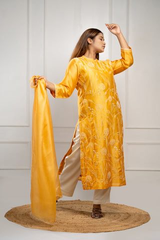 Burnt Orange Chanderi Silk Kurta with French Knot Embroidery and Sequins, Silk Kota Dupatta.