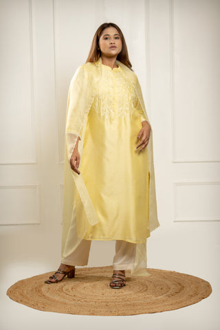 Yellow French Knot Kurta in Chanderi Silk with embroidery and sequins, paired with Silk Kota dupatta.