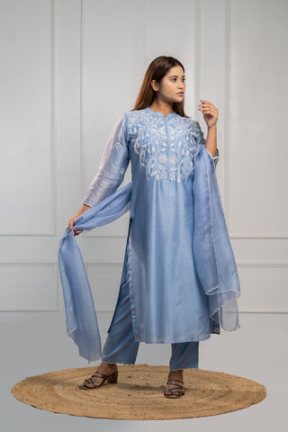 French Knot Kurta | Kurta With Dupatta | Blue - You Ensembles