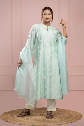 Green French Knot Kurta in Chanderi Silk with embroidery and sequins.