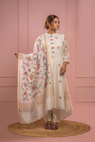 Off-white Chanderi silk kurta with embroidery, paired with malai cotton pants and organza dupatta.