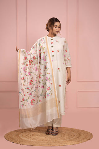 Chanderi Silk Kurta | Off-White | Kurta with pant and dupatta - You Ensembles