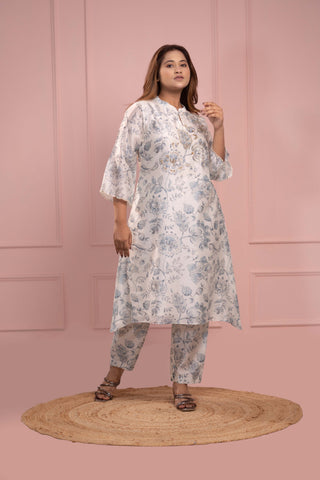 Off-white Chanderi Silk Kurta with pale blue print and sequins.